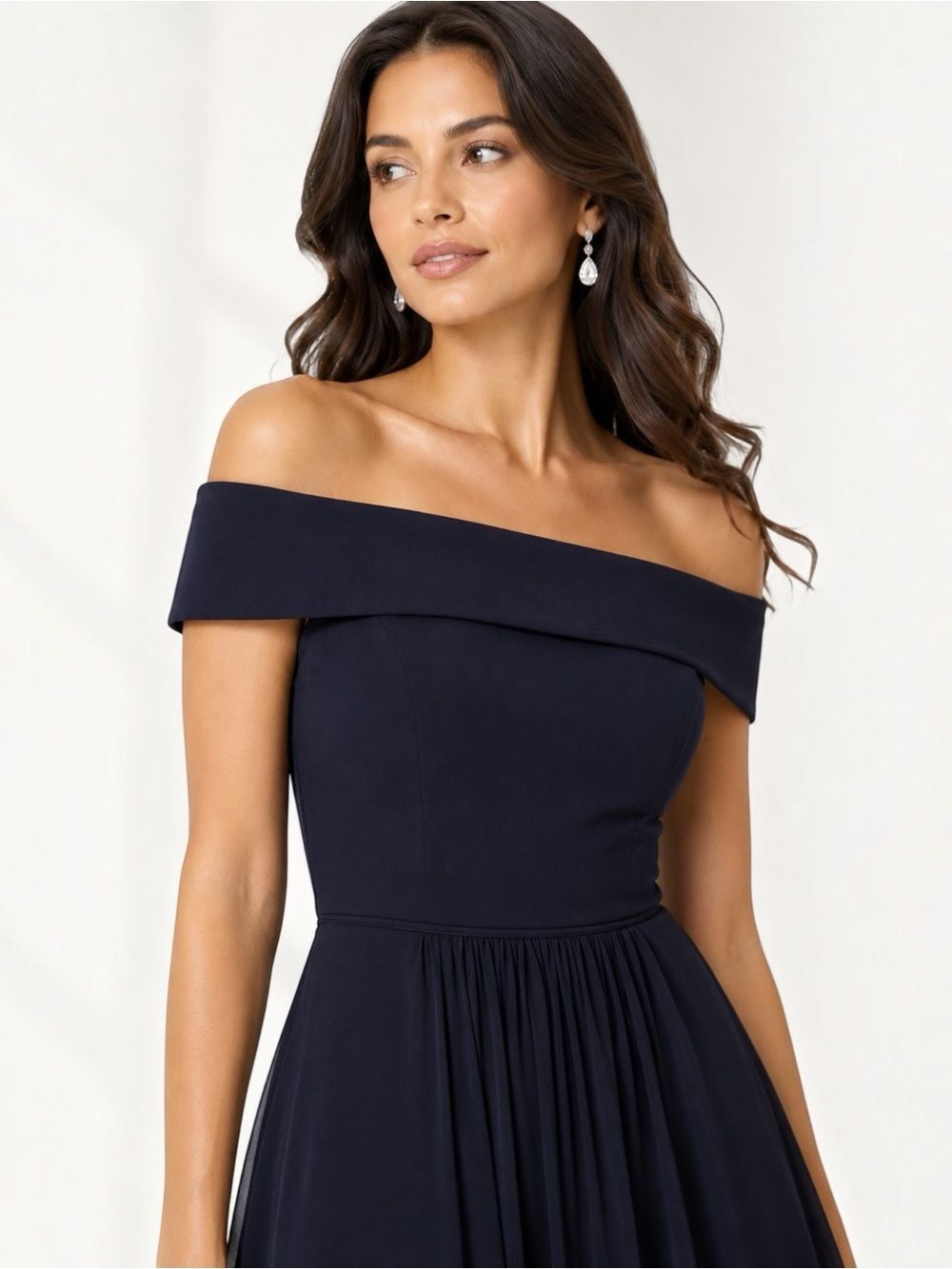 Adrianna Papell Off Shoulder Crepe Chiffon Long Formal Evening Gown Navy 2 NEW - Picture 3 of 15